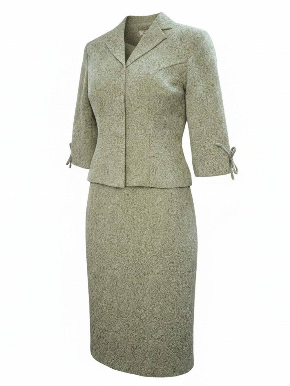 Tradition Vintage Sage Green Paisley Jacquard  Skirt & Blazer Suit Set Size 12